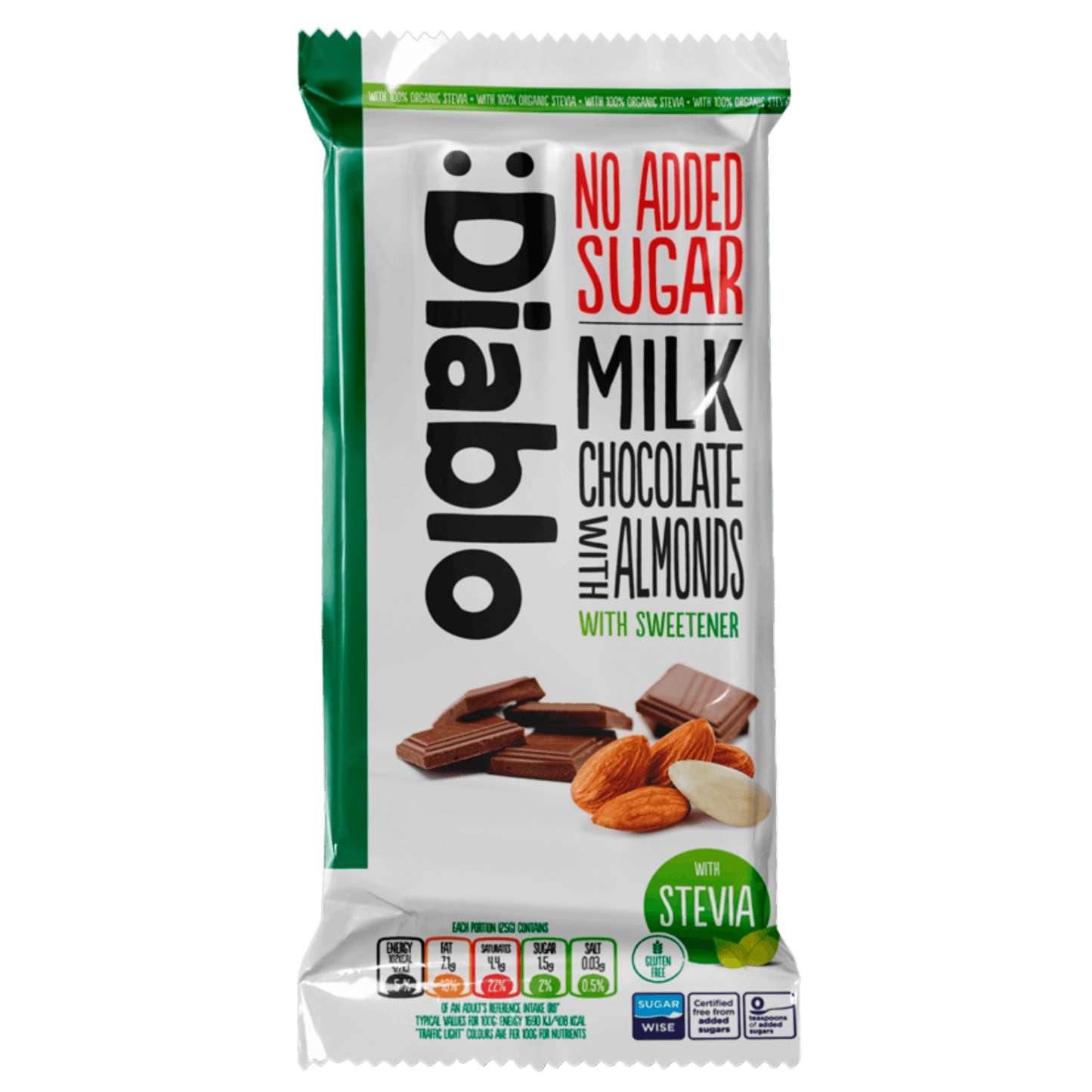 :Diablo | Stevia Milk Chocolate with Almond (75g) - Scran.ie
